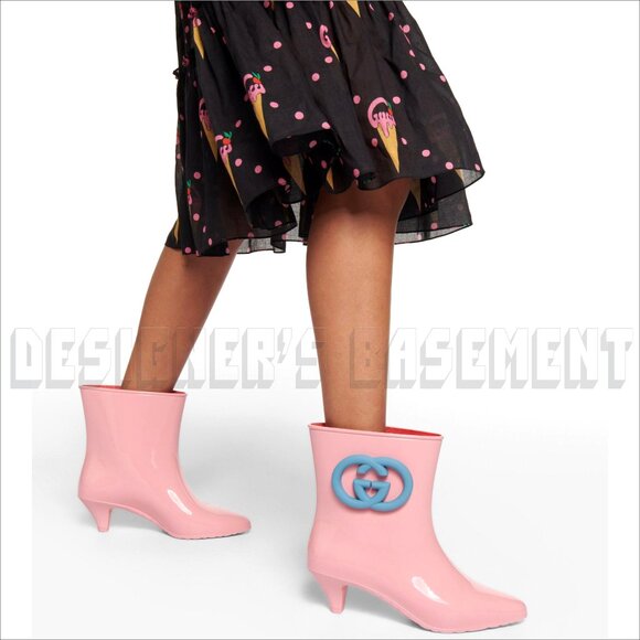 GUCCI 38 pink GENE blue Interlocking G logo rubber ankle RAINBOOT Booties 724458 - Picture 7 of 10